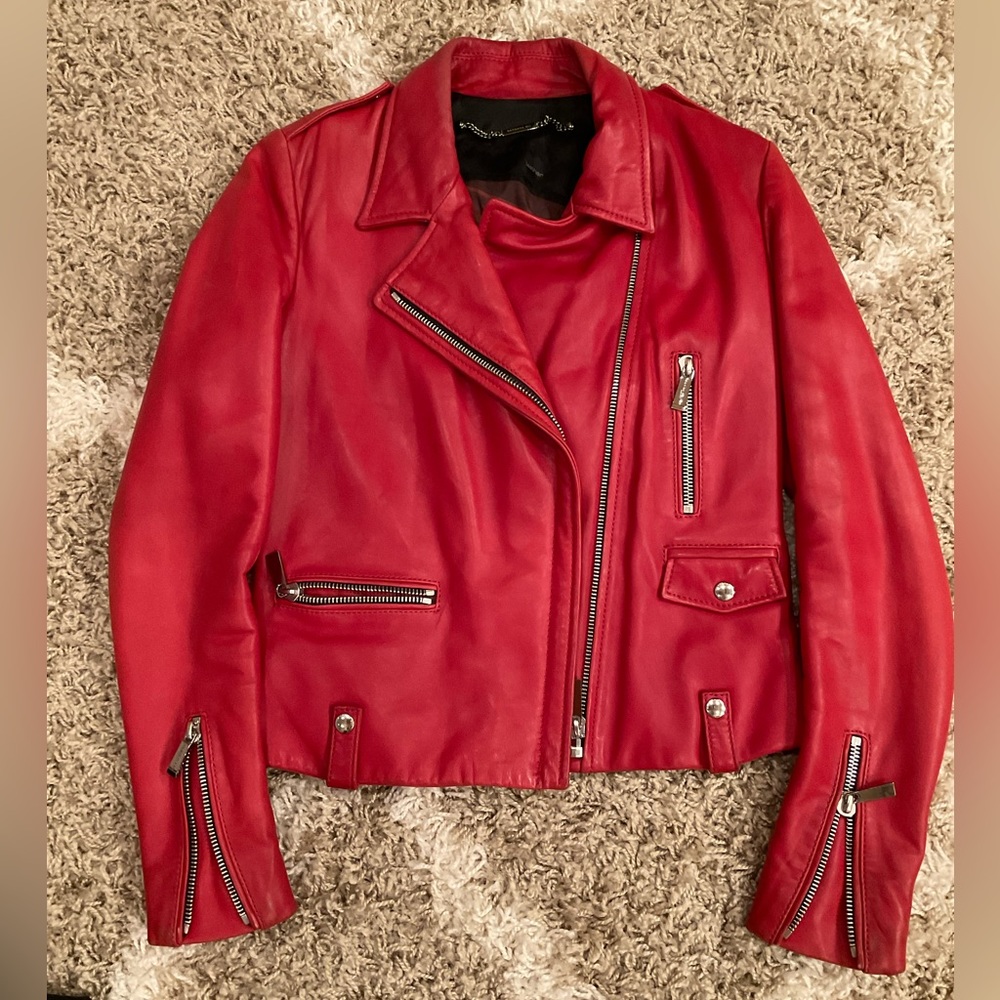 BARBARA BUI RED LEATHER MOTO JACKET SIZE 38